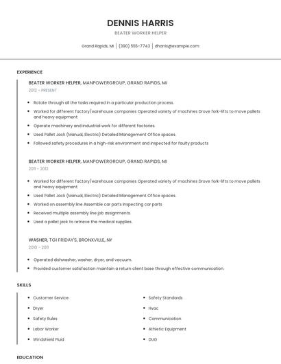 Beater Worker Helper Resume