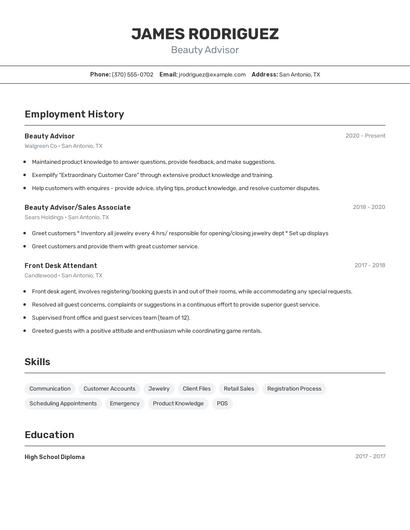 Beauty Advisor Resume