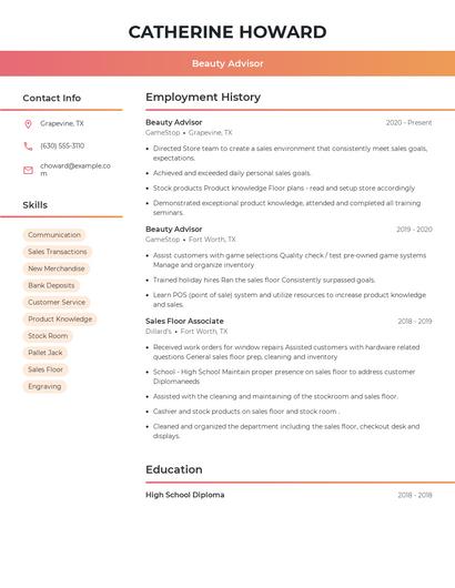Beauty Advisor Resume