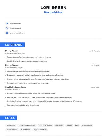 Beauty Advisor Resume
