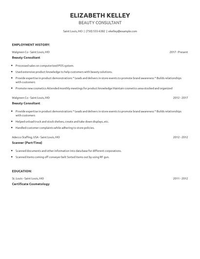 Beauty Consultant Resume