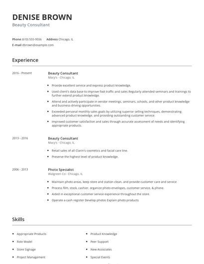 Beauty Consultant Resume