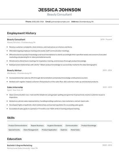 Beauty Consultant Resume