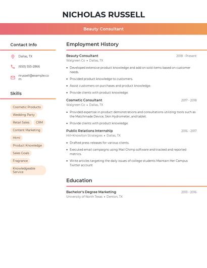 Beauty Consultant Resume