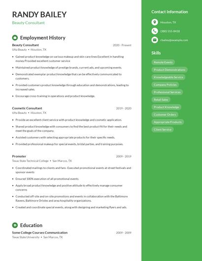 Beauty Consultant Resume