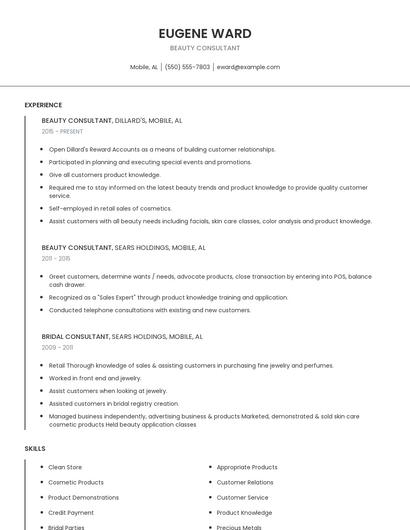 Beauty Consultant Resume