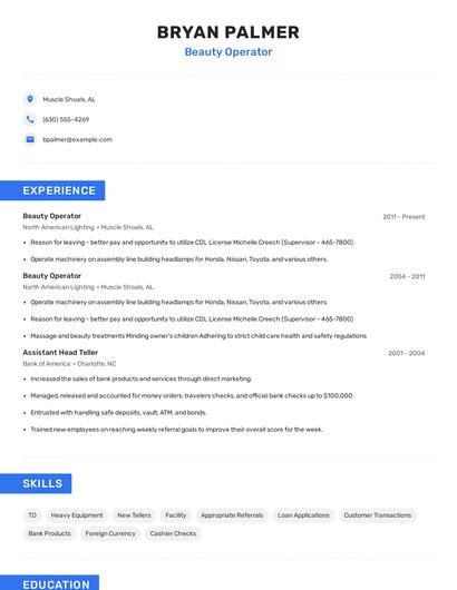 Beauty Operator Resume