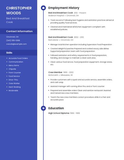 Bed And Breakfast Cook Resume