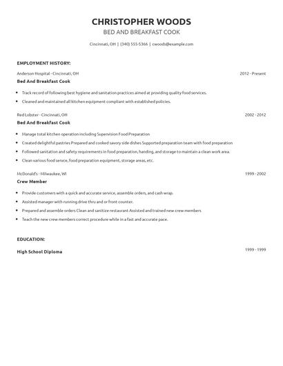 Bed And Breakfast Cook Resume