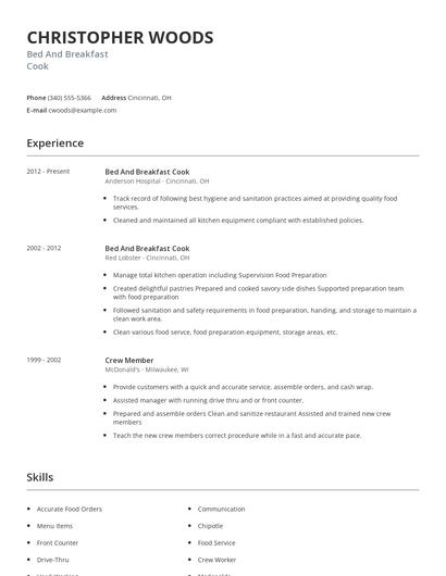 Bed And Breakfast Cook Resume