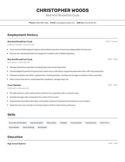 Bed And Breakfast Cook Resume
