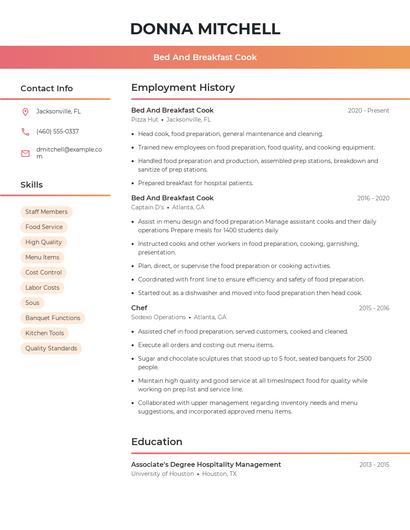 Bed And Breakfast Cook Resume