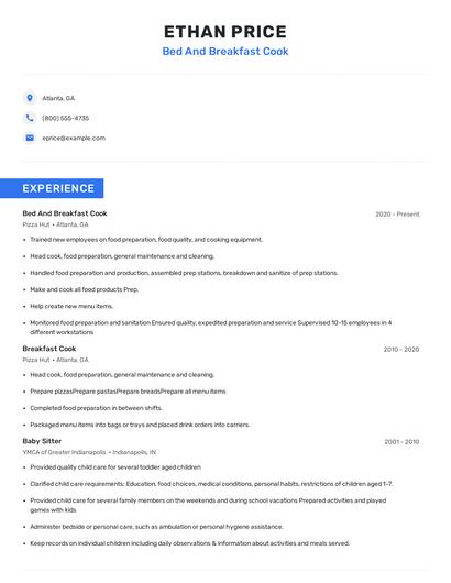 Bed And Breakfast Cook Resume