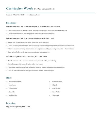 Bed And Breakfast Cook Resume