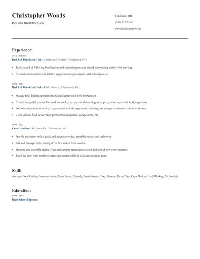 Bed And Breakfast Cook Resume