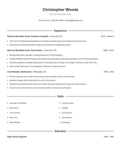 Bed And Breakfast Cook Resume