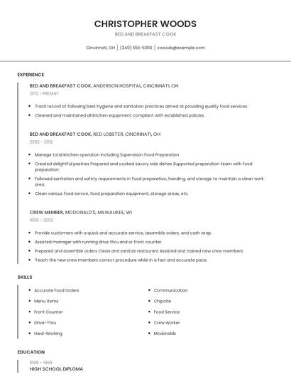 Bed And Breakfast Cook Resume