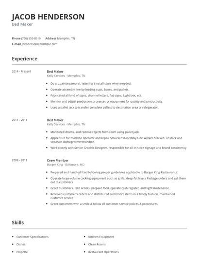 Bed Maker Resume