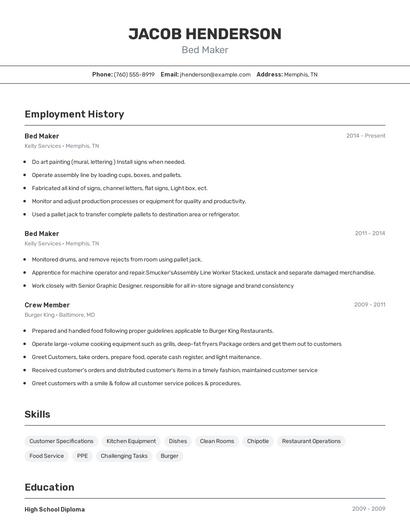 Bed Maker Resume
