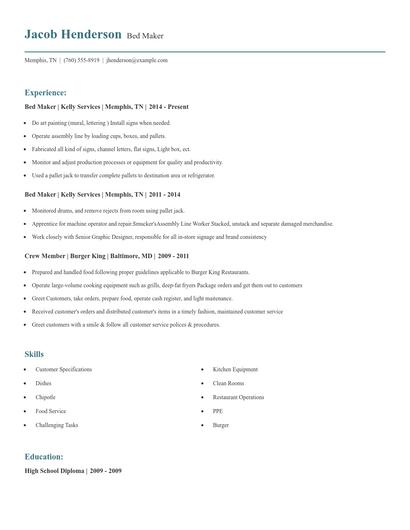 Bed Maker Resume