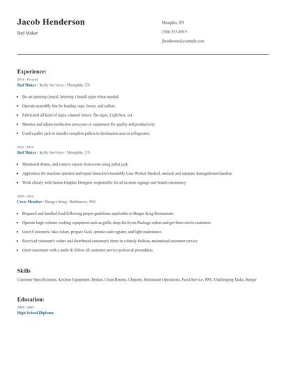 Bed Maker Resume
