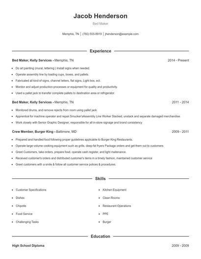 Bed Maker Resume