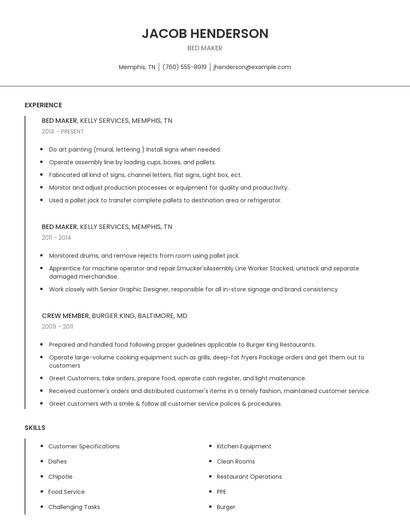 Bed Maker Resume