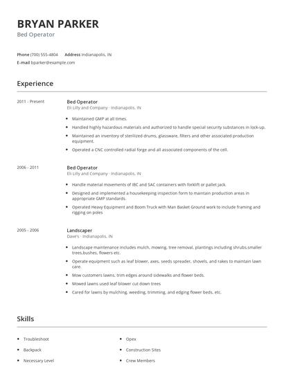 Bed Operator Resume