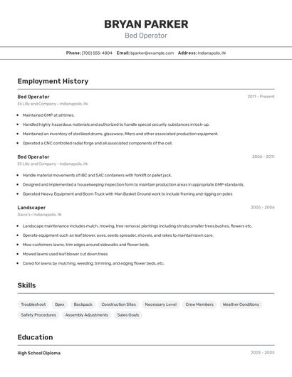 Bed Operator Resume