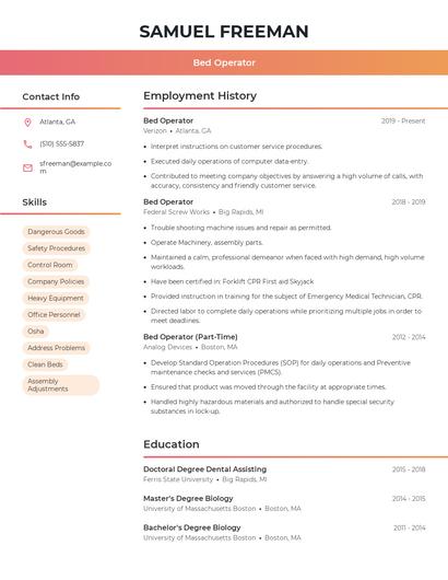 Bed Operator Resume