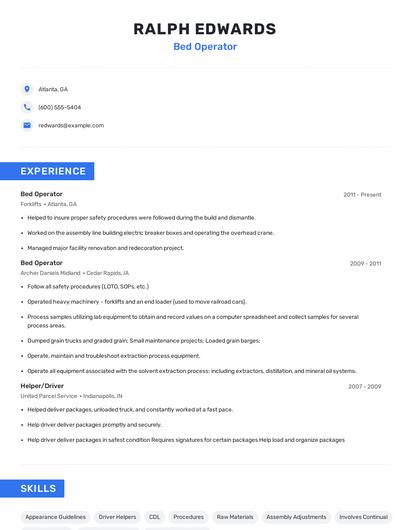 Bed Operator Resume