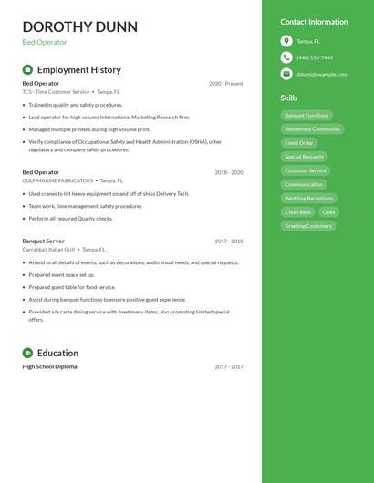 Bed Operator Resume
