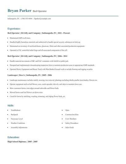 Bed Operator Resume