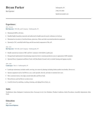 Bed Operator Resume