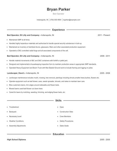 Bed Operator Resume