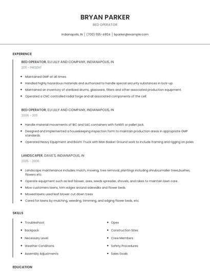 Bed Operator Resume