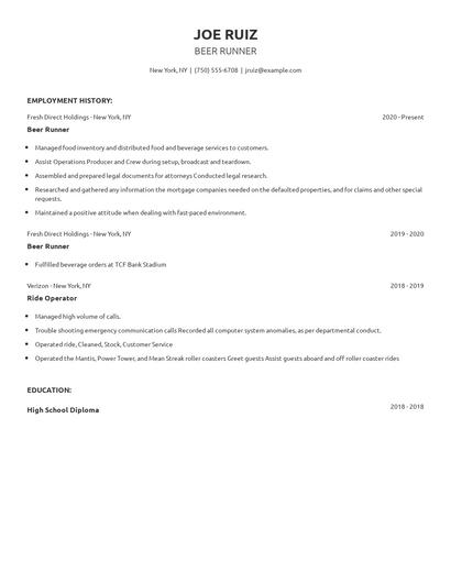 Beer Runner Resume