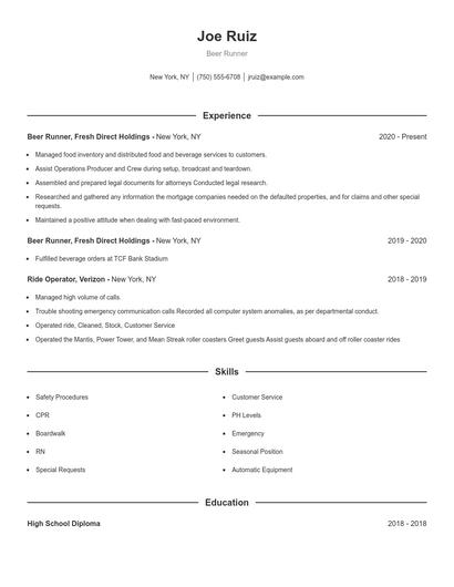 Beer Runner Resume