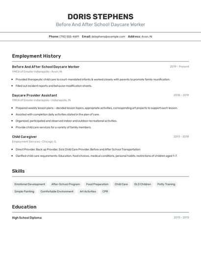 Before And After School Daycare Worker Resume