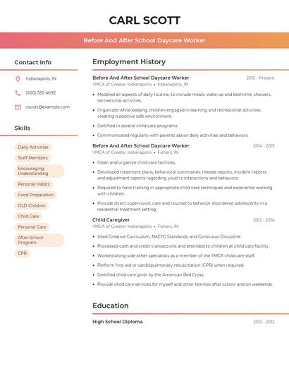 Before And After School Daycare Worker Resume