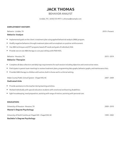 Behavior Analyst Resume