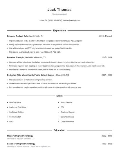 Behavior Analyst Resume