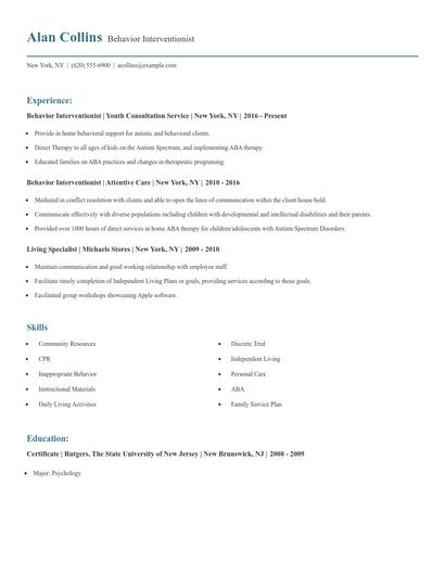 Behavior Interventionist Resume