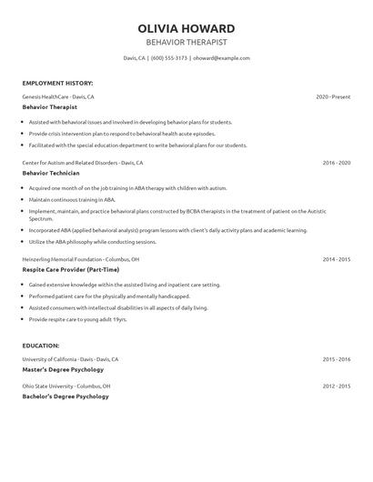 Behavior Therapist Resume