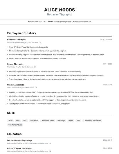 Behavior Therapist Resume