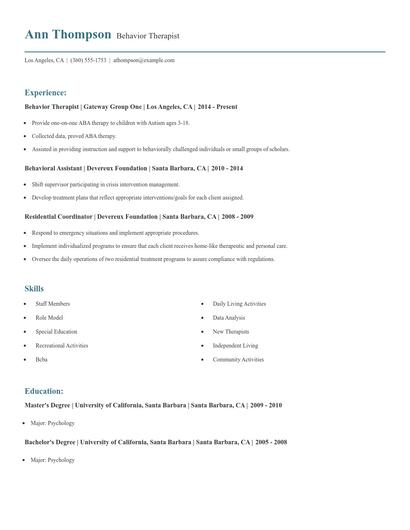 Behavior Therapist Resume