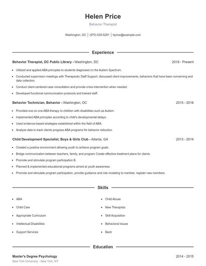 Behavior Therapist Resume