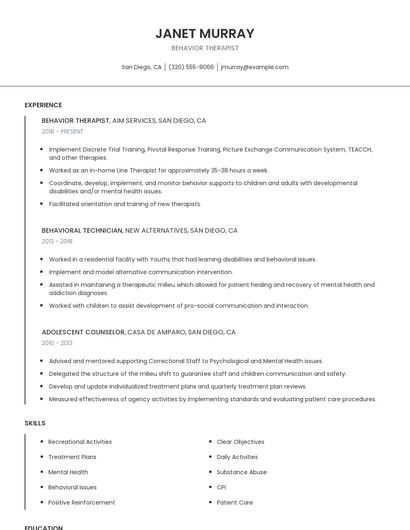 Behavior Therapist Resume