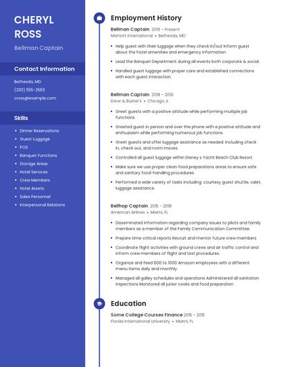 Bellman Captain Resume