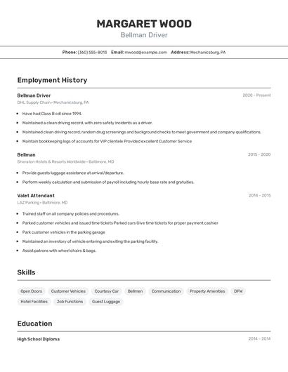 Bellman Driver Resume